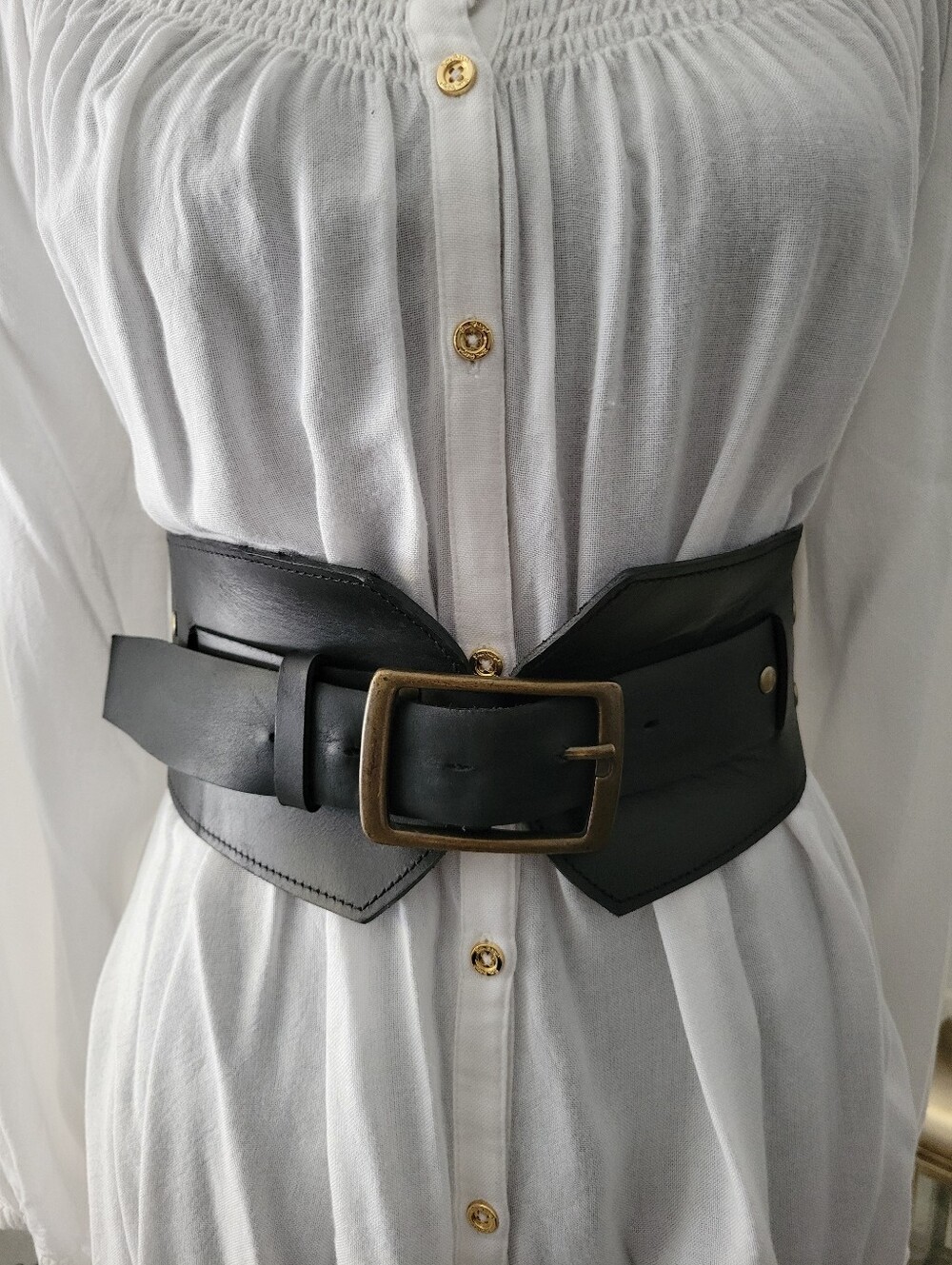 Steampunk Wide Corset Black Leather Waist Belt with Antiqued Brass Buckle